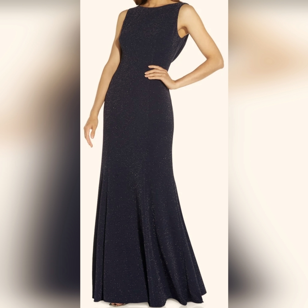 Stretchy Metallic knit cowl back gown navy size 12